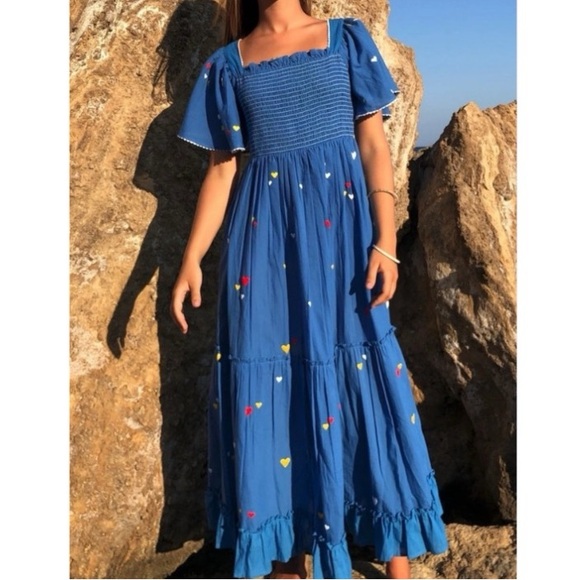 Pink City Prints Lolita Long Midi Dress Blue Heart Embroidered Smocked  Bodice XS